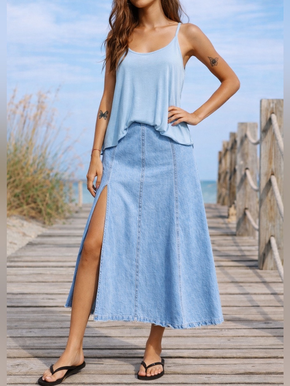 Denim High-Rise Slit Skirt